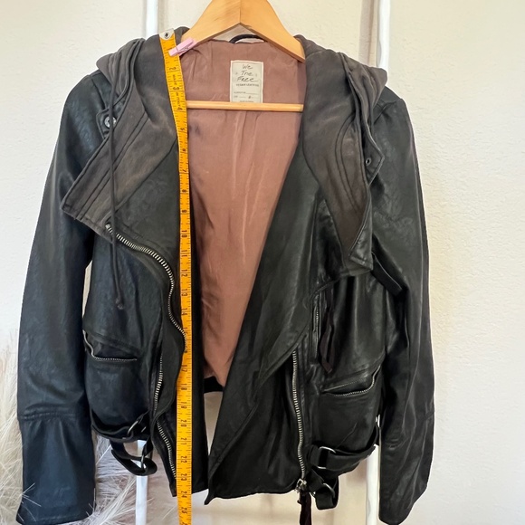 We The Free Vegan Leather Black Hooded Moto Jacket Size S Free People